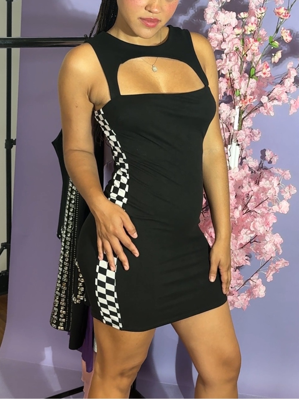 🔵 Cutout Checkered Mini Dress